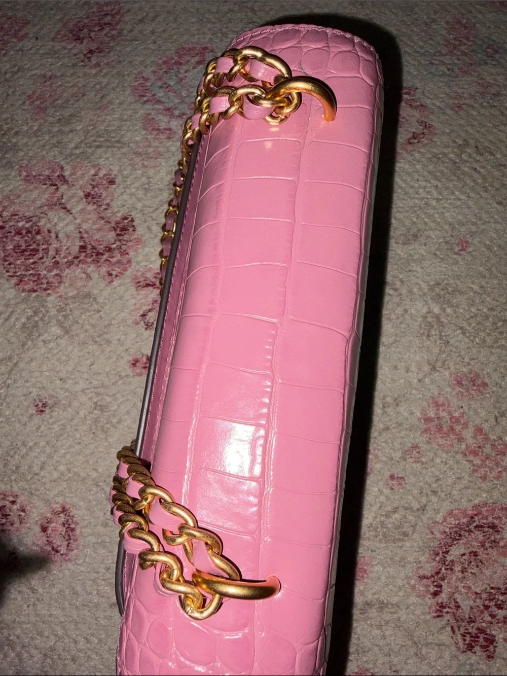 Tory Burch Pink Croc-Embossed Chain Shoulder Bag with Gold Logo